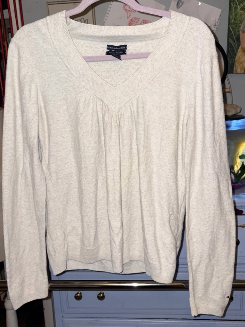 Tommy Hilfiger Cream V-Neck Long Sleeve Knit Sweater